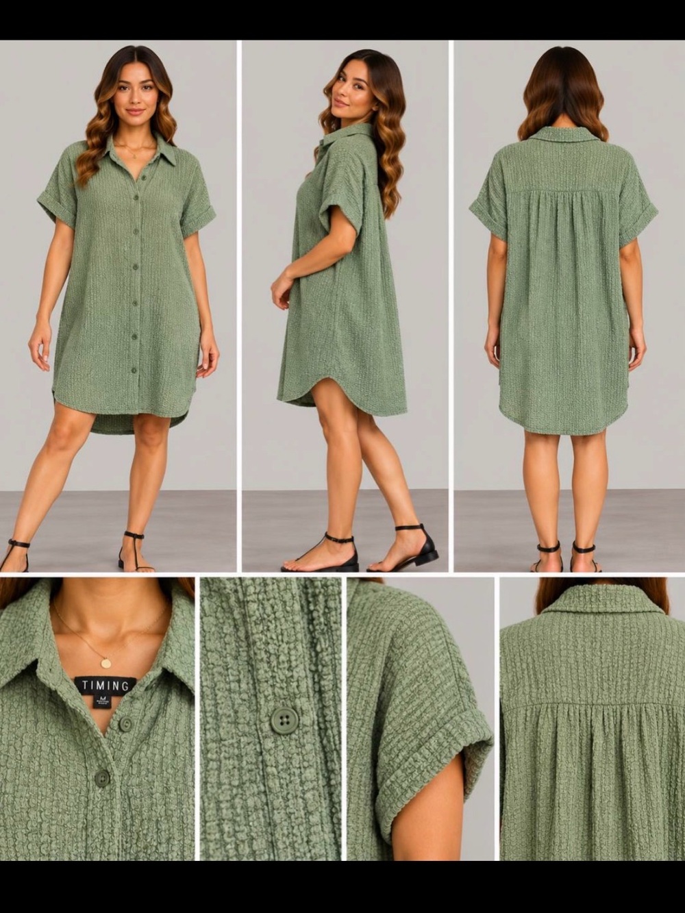 TIMING Olive Green Textured Button-Down Shirt Dress woman size M